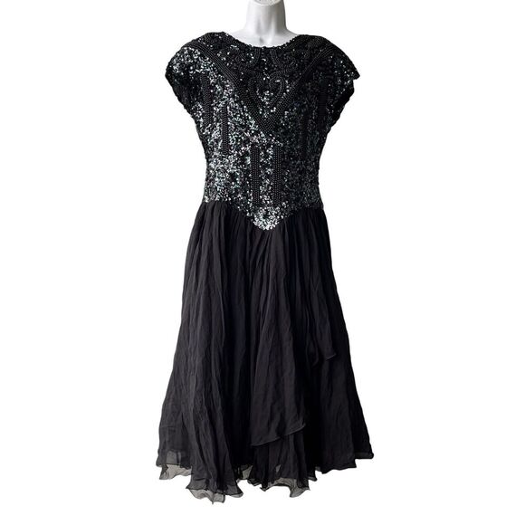 Vtg OLEG CASSINI Silk Evening Dress 8 Beaded Sequins Black Sheer Midi Whimsigoth - Picture 1 of 4